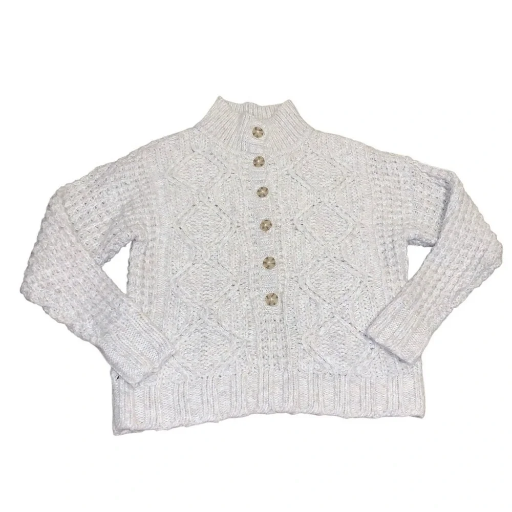 American‎ Eagle Cream Cable Knit Mock Neck Button Sweater XS Cream White Cozy